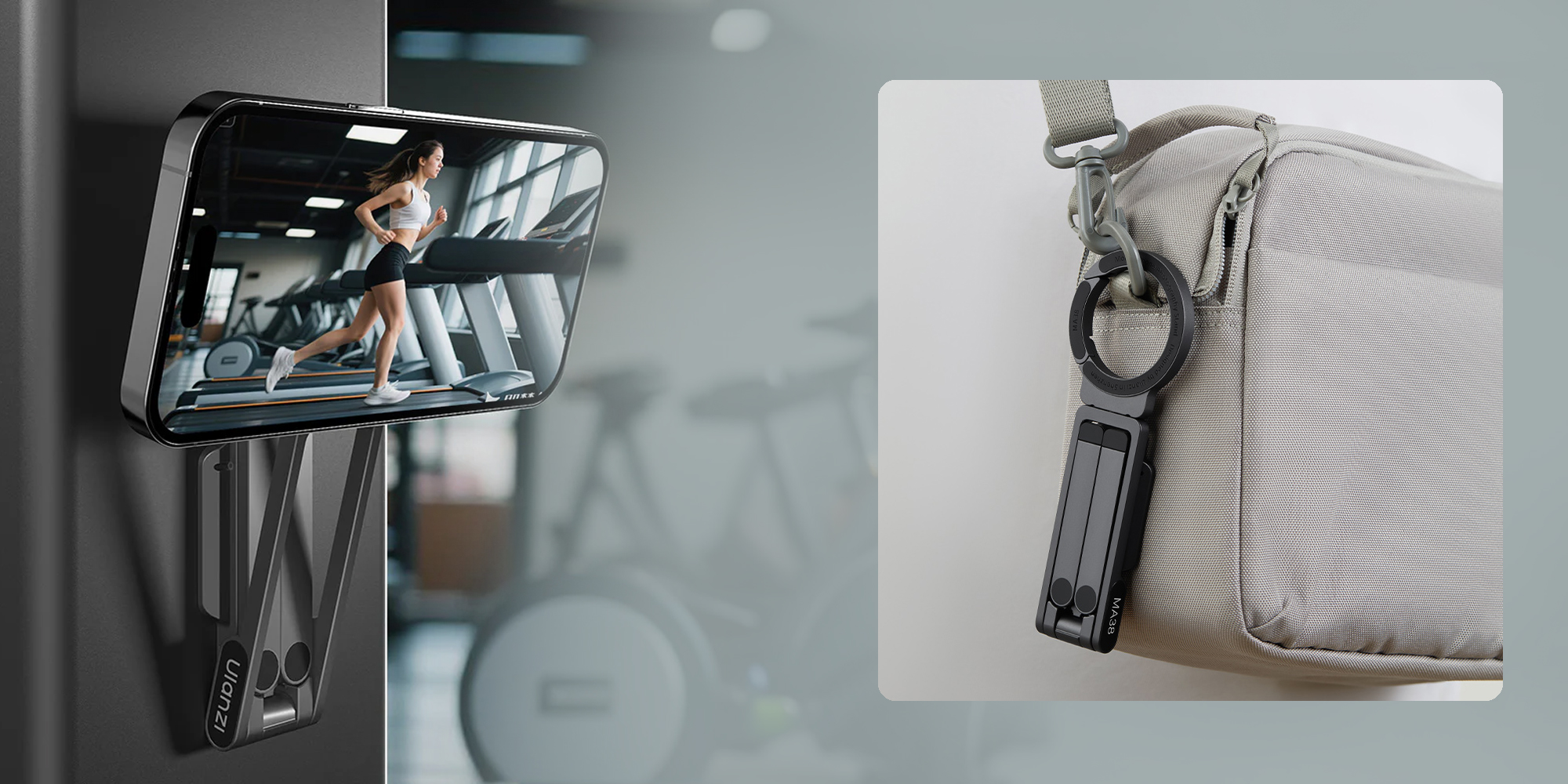 Uchwyt do smartfona Ulanzi MA38 przytwierdzony do metalowego słupka za pomocą magnesu oraz zaczepiony o pasek torby